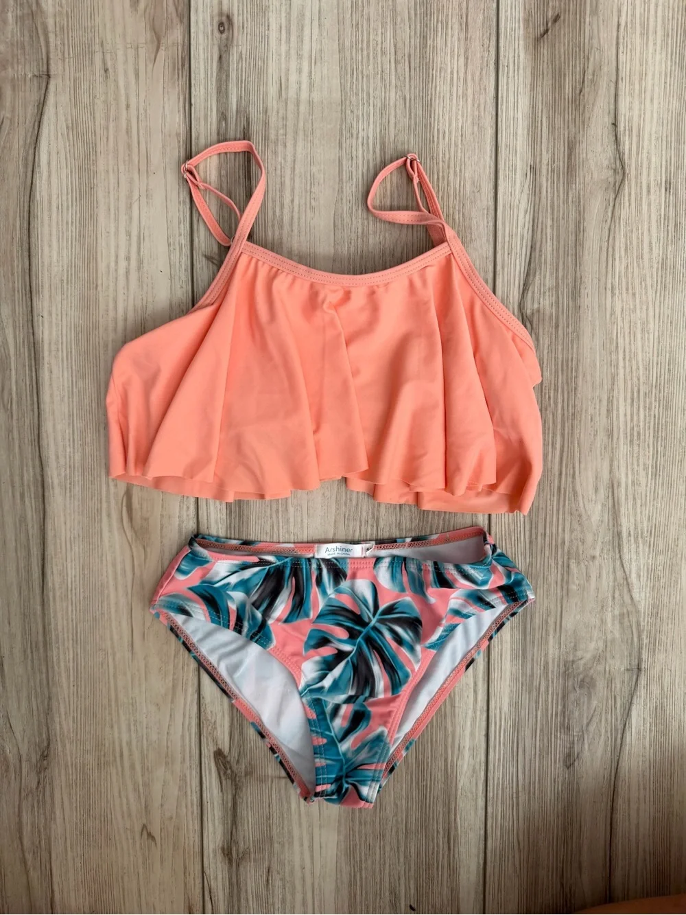 Kids Coral Two-Piece Swim Set with Tropical Print Bottom